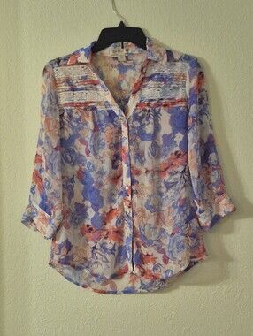 Floral Sheer Button-Down Blouse in Blue & Coral